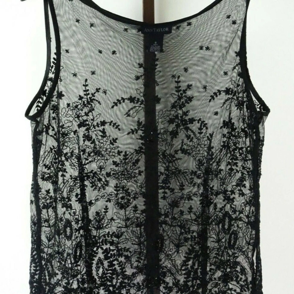 Ann Taylor Sheer Black Sheer Sleeveless Floral Embroidered Blouse Woman’s Size12 - Picture 3 of 6